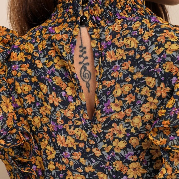 Lulus Mustard Floral Mock Neck Midi Dress 🌼 - Picture 6 of 12